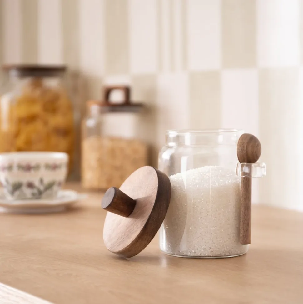Canister de vidrio con tapa de madera y cuchara 500 ml