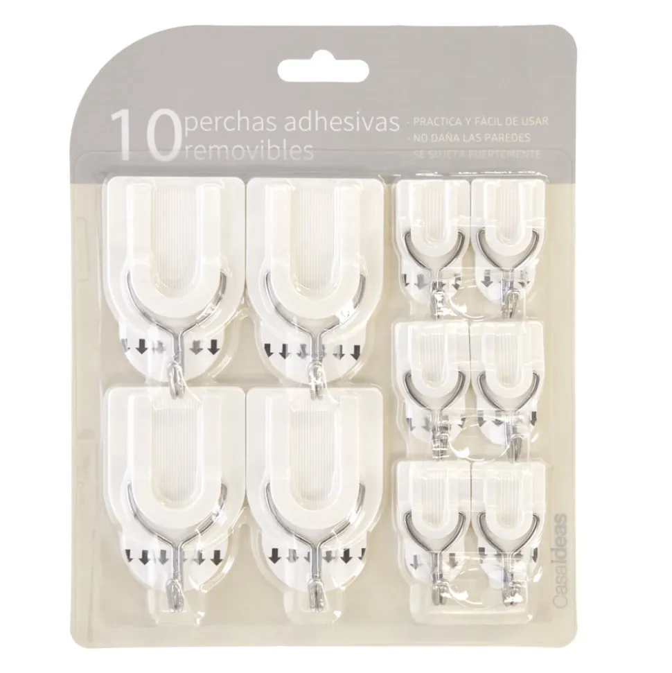 Set de 10 perchas adhesivas removibles con gancho metal