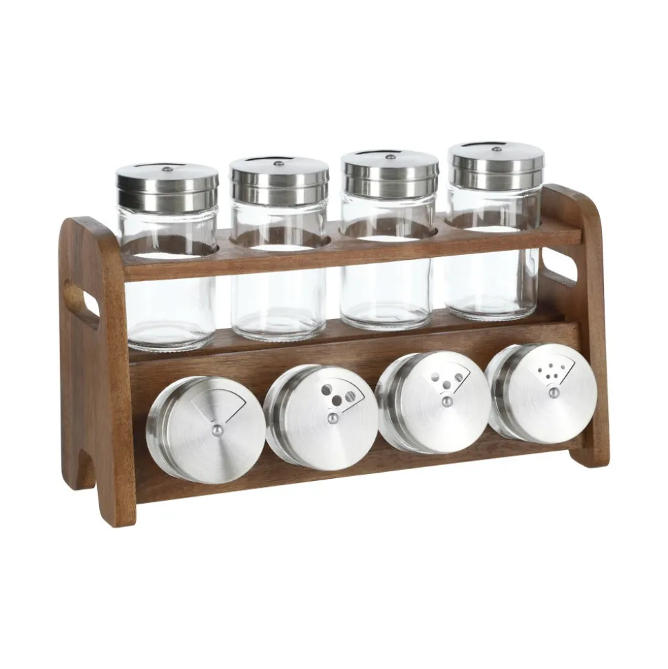 Set 8 especieros vidrio con rack de madera 90 ml